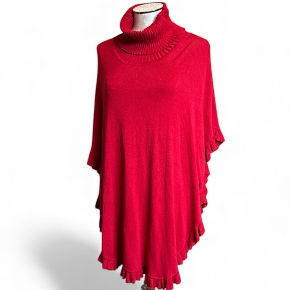 NWT Joseph A Women Red Turtleneck Poncho Sweater Ruffle Hem Side Button Large